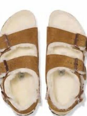 Birkenstock unisex Tan Suede Shearling-Lined Double Strap Sandals